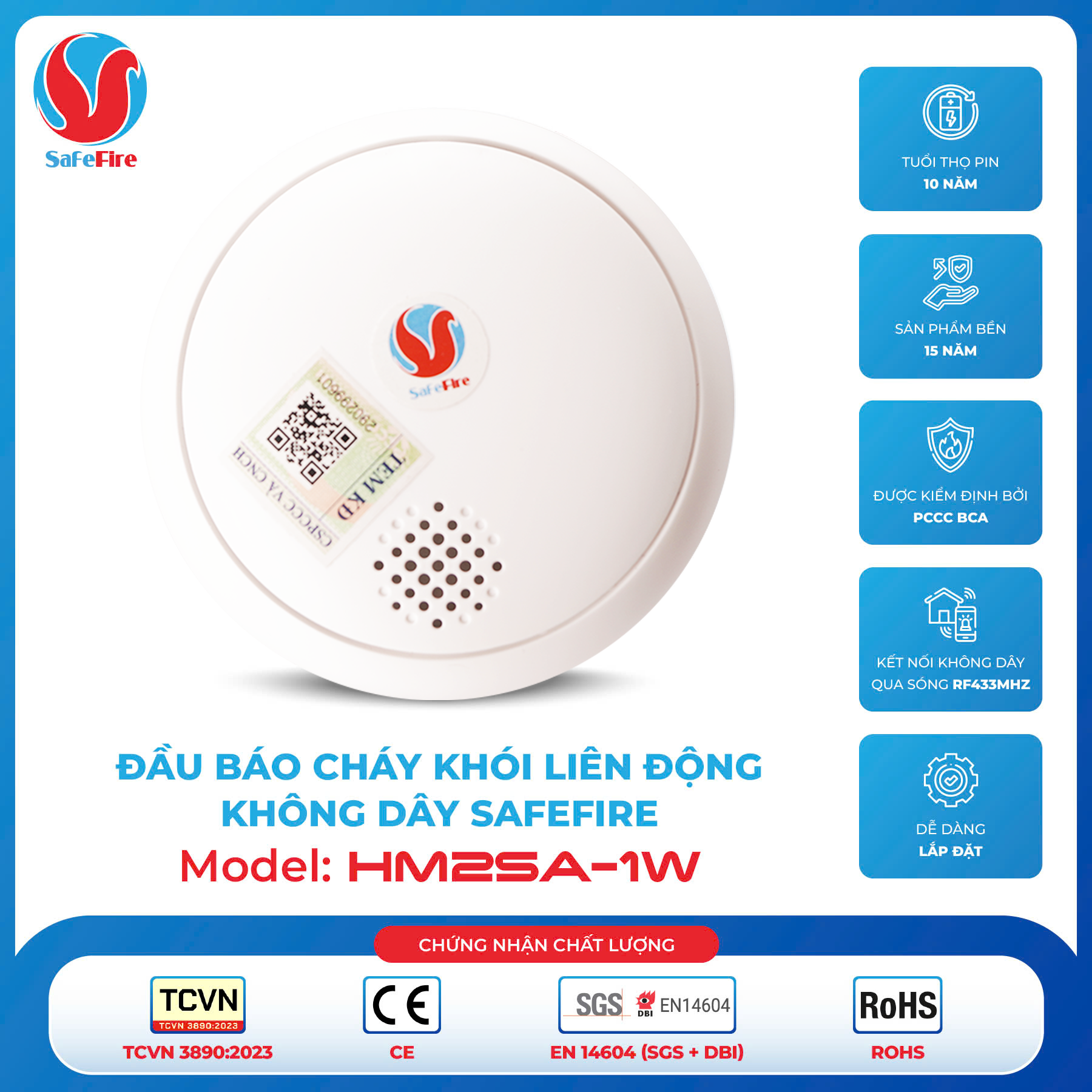 Đầu báo khói liên động không dây SafeFire HM2SA-1W
