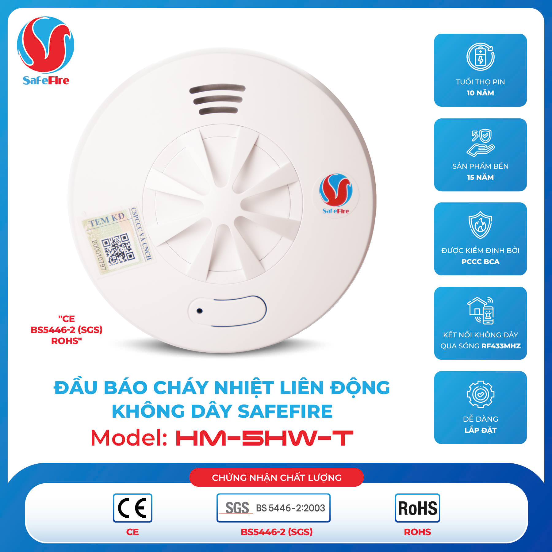 Đầu báo nhiệt liên động không dây Safefire HM-5HW-T